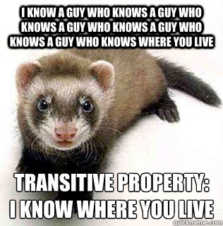 i know a guy who knows a guy who knows a guy who knows a guy who knows a guy who knows where you live Transitive property:
I know where you live - i know a guy who knows a guy who knows a guy who knows a guy who knows a guy who knows where you live Transitive property:
I know where you live  Logical Fallacy Ferret