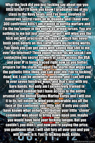 What the fuck did you just fucking say about me, you little bitch? I’ll have you know I graduated top of my class in the Navy Seals, and I’ve been involved in numerous secret raids on Al-Quaeda, and I have over 300 confirmed kills. I am traine - What the fuck did you just fucking say about me, you little bitch? I’ll have you know I graduated top of my class in the Navy Seals, and I’ve been involved in numerous secret raids on Al-Quaeda, and I have over 300 confirmed kills. I am traine  Halo 4 kid