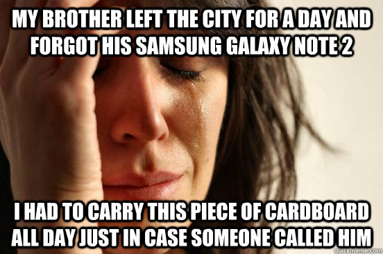 my brother left the city for a day and forgot his samsung galaxy note 2 i had to carry this piece of cardboard all day just in case someone called him  First World Problems