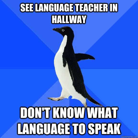 see language teacher in hallway DON'T KNOW WHAT LANGUAGE TO SPEAK  Socially Awkward Penguin