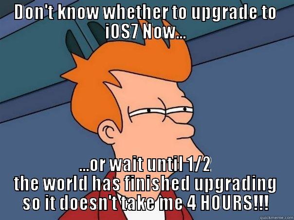 DON'T KNOW WHETHER TO UPGRADE TO IOS7 NOW... ...OR WAIT UNTIL 1/2 THE WORLD HAS FINISHED UPGRADING SO IT DOESN'T TAKE ME 4 HOURS!!! Futurama Fry