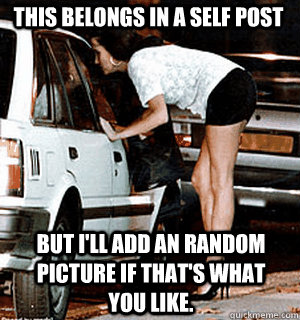 This belongs in a self post but i'll add an random picture if that's what you like.  Karma Whore
