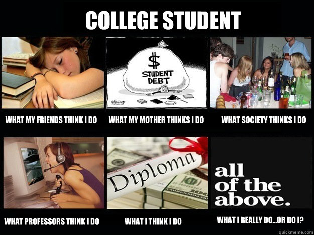 College Student What my friends think I do What my mother thinks I do What society thinks I do what professors think I do what I think I do What I really do...or do I?  