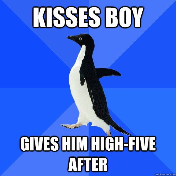 Kisses boy gives him high-five after  Socially Awkward Penguin