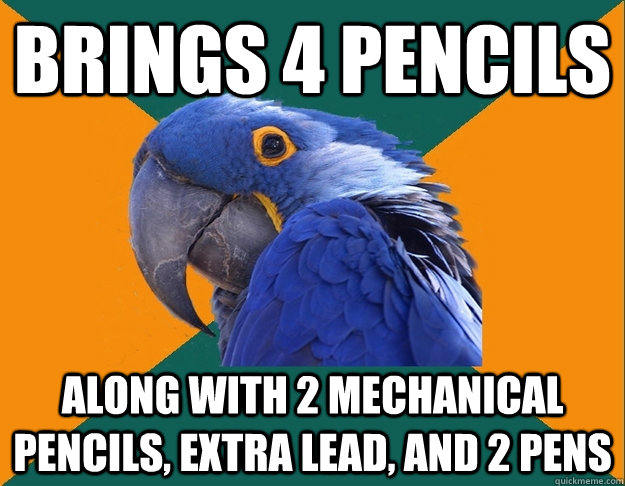 Brings 4 pencils along with 2 mechanical pencils, extra lead, and 2 pens  Paranoid Parrot