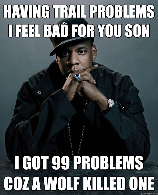 Having trail problems I feel bad for you son I got 99 problems coz a wolf killed one - Having trail problems I feel bad for you son I got 99 problems coz a wolf killed one  Jay-Z 99 Problems