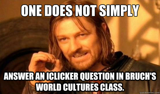 One Does Not Simply answer an iClicker question in Bruch's world cultures class.  Boromir