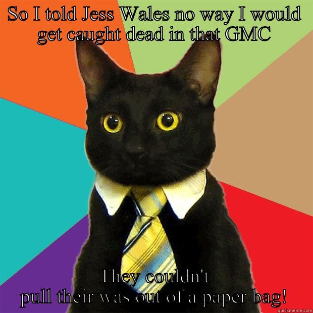 SO I TOLD JESS WALES NO WAY I WOULD GET CAUGHT DEAD IN THAT GMC THEY COULDN'T PULL THEIR WAS OUT OF A PAPER BAG! Business Cat