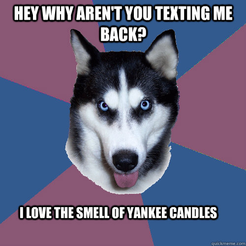 Hey why aren't you texting me back? I love the smell of yankee candles  Creeper Canine