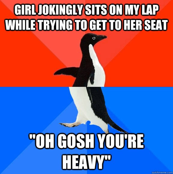 girl jokingly sits on my lap while trying to get to her seat 