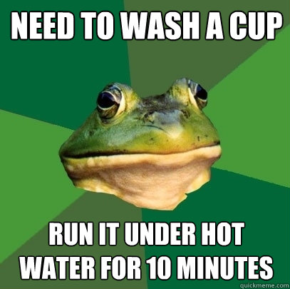 Need to wash a cup Run it under hot water for 10 minutes  Foul Bachelor Frog