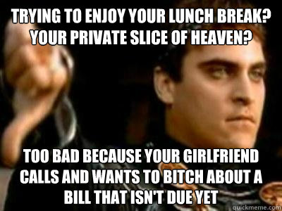 Trying to enjoy your lunch break? Your private slice of heaven? Too bad because your girlfriend calls and wants to bitch about a bill that isn't due yet  Downvoting Roman
