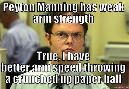 dwight schrute - PEYTON MANNING HAS WEAK ARM STRENGTH TRUE, I HAVE BETTER ARM SPEED THROWING A CRUNCHED UP PAPER BALL Schrute