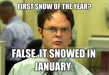 First snow of the year? FALSE. it snowed in january. - First snow of the year? FALSE. it snowed in january.  Dwight