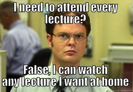 I NEED TO ATTEND EVERY LECTURE? FALSE, I CAN WATCH ANY LECTURE I WANT AT HOME Schrute