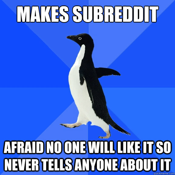 Makes subreddit afraid no one will like it so never tells anyone about it  Socially Awkward Penguin