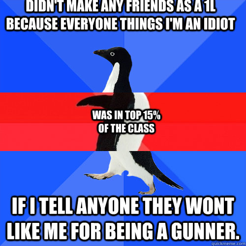 Didn't make any friends as a 1L because everyone things I'm an idiot  If I tell anyone they wont like me for being a gunner.  Was in top 15% of the class - Didn't make any friends as a 1L because everyone things I'm an idiot  If I tell anyone they wont like me for being a gunner.  Was in top 15% of the class  Misc