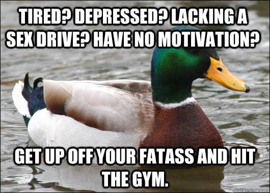 Tired? Depressed? Lacking a sex drive? Have no motivation? Get up off your fatass and hit the gym.   Actual Advice Mallard