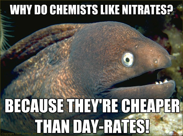 Why do chemists like nitrates? Because they're cheaper than day-rates!  Bad Joke Eel