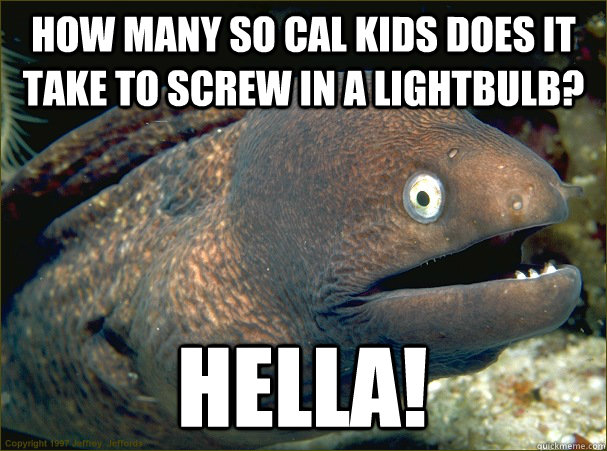How many so cal kids does it take to screw in a lightbulb? hella! - How many so cal kids does it take to screw in a lightbulb? hella!  Bad Joke Eel