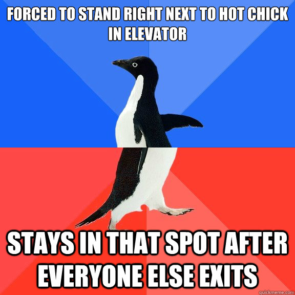 Forced to stand right next to hot chick in elevator Stays in that spot after everyone else exits  Socially Awkward Awesome Penguin