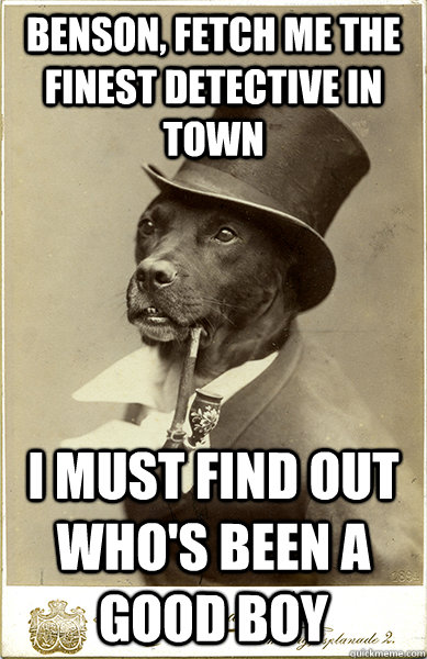 Benson, fetch me the finest detective in town I must find out who's been a good boy  Old Money Dog