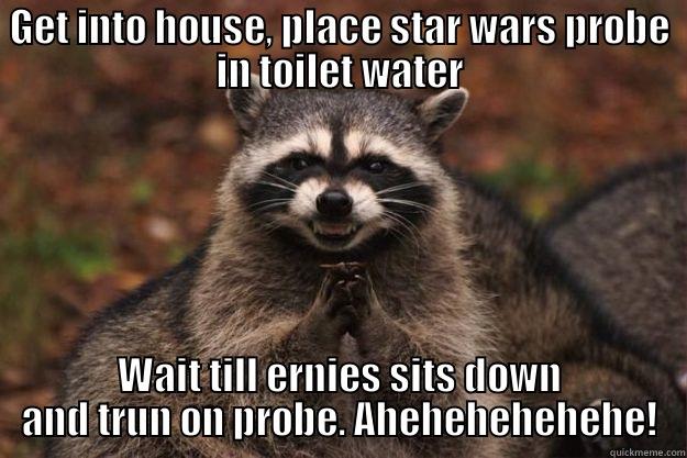 I'll get you ernie! - GET INTO HOUSE, PLACE STAR WARS PROBE IN TOILET WATER WAIT TILL ERNIES SITS DOWN AND TRUN ON PROBE. AHEHEHEHEHEHE! Evil Plotting Raccoon