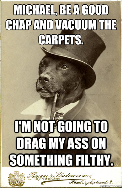 Michael, be a good chap and vacuum the carpets.
 I'm not going to drag my ass on something filthy.  Old Money Dog