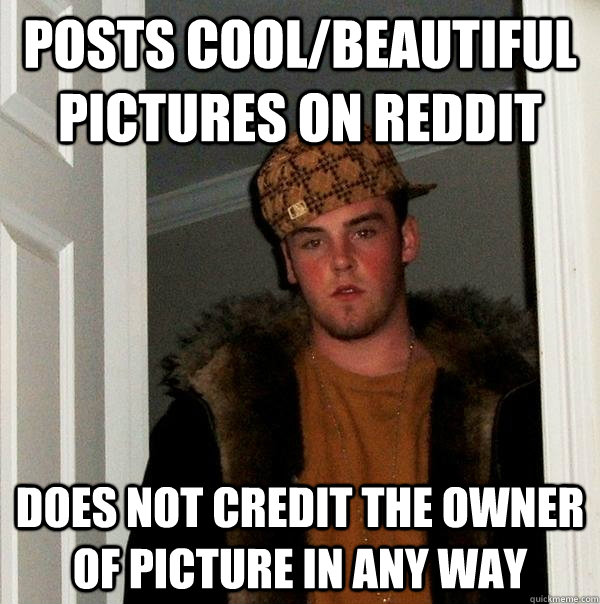 Posts cool/beautiful pictures on reddit Does not credit the owner of picture in any way  Scumbag Steve