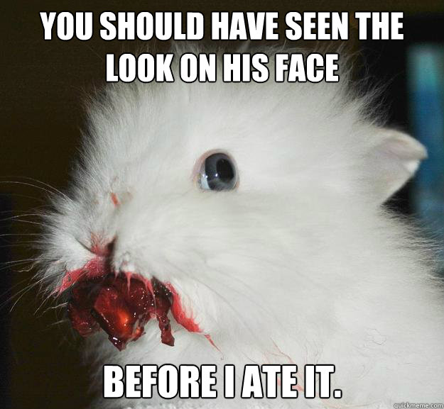 You should have seen the look on his face Before I ate it.  Murder Bunny