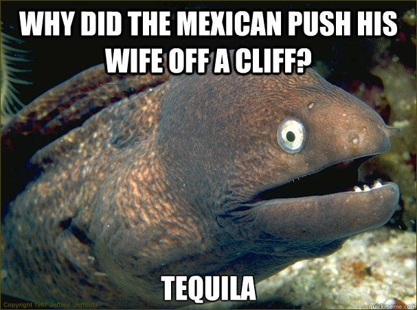 Why did the mexican push his wife off a cliff? Tequila  Bad Joke Eel