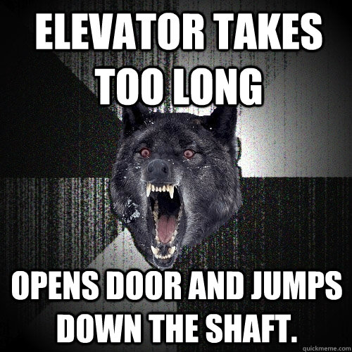 Elevator takes too long Opens door and jumps down the shaft.  Insanity Wolf