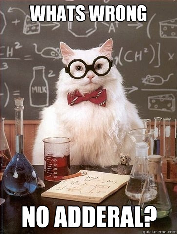 Whats wrong


 No adderal?  Chemistry Cat