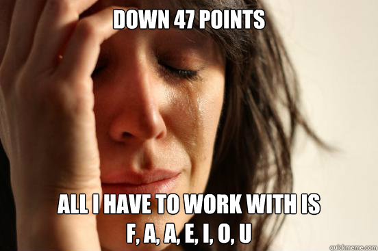 Down 47 points All i have to work with is 
f, a, a, e, i, o, u  First World Problems