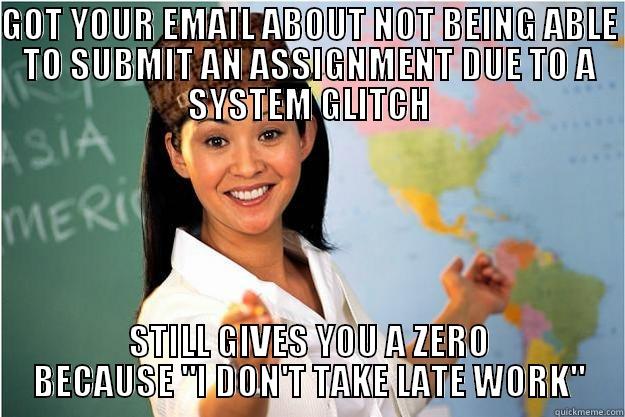 GOT YOUR EMAIL ABOUT NOT BEING ABLE TO SUBMIT AN ASSIGNMENT DUE TO A SYSTEM GLITCH STILL GIVES YOU A ZERO BECAUSE 