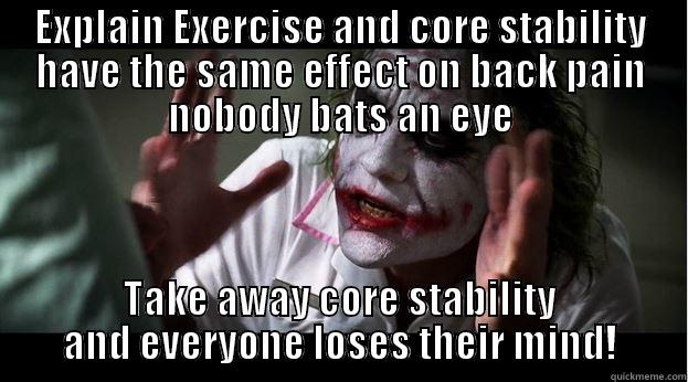 Core stability rules! - EXPLAIN EXERCISE AND CORE STABILITY HAVE THE SAME EFFECT ON BACK PAIN NOBODY BATS AN EYE TAKE AWAY CORE STABILITY AND EVERYONE LOSES THEIR MIND! Joker Mind Loss