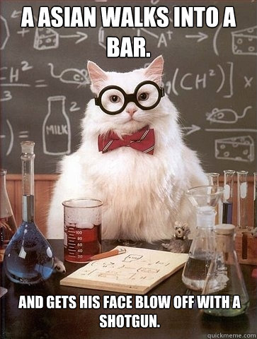 A asian walks into a bar. And gets his face blow off with a shotgun.  Chemistry Cat