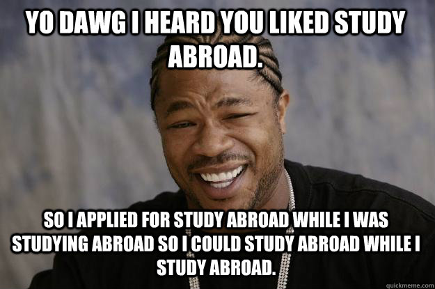 YO DAWG I HEARd you liked study abroad. So I applied for study abroad while I was studying abroad so i could study abroad while i study abroad.  Xzibit meme