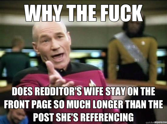 WHY THE FUCK DOES REDDITOR'S WIFE STAY ON THE FRONT PAGE SO MUCH LONGER THAN THE POST SHE'S REFERENCING  Annoyed Picard HD