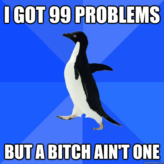 I got 99 problems But a bitch ain't one  Socially Awkward Penguin