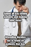 Spend all day seeing patients and making SOAP notes Attending decides not to round on patients that day.  