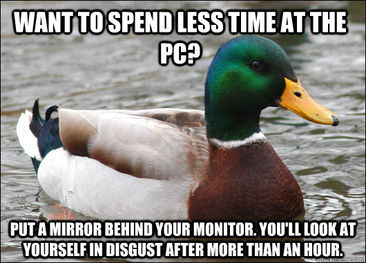 Want to spend less time at the PC? Put a mirror behind your monitor. You'll look at yourself in disgust after more than an hour.  Actual Advice Mallard