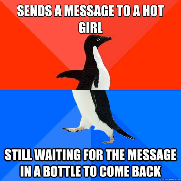 sends a message to a hot girl still waiting for the message in a bottle to come back  Socially Awesome Awkward Penguin