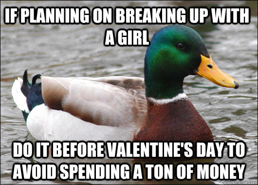 If planning on breaking up with a girl Do it before Valentine's day to avoid spending a ton of money  Actual Advice Mallard