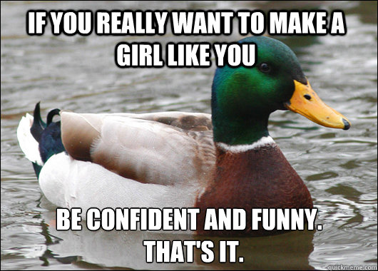 If you really want to make a girl like you be confident and funny.
  That's it.  Actual Advice Mallard