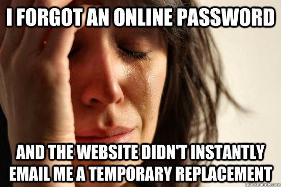 I forgot an online password and the website didn't instantly email me a temporary replacement   First World Problems