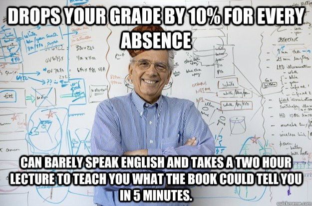 Drops your grade by 10% for every absence Can barely speak English and takes a two hour lecture to teach you what the book could tell you in 5 minutes.  