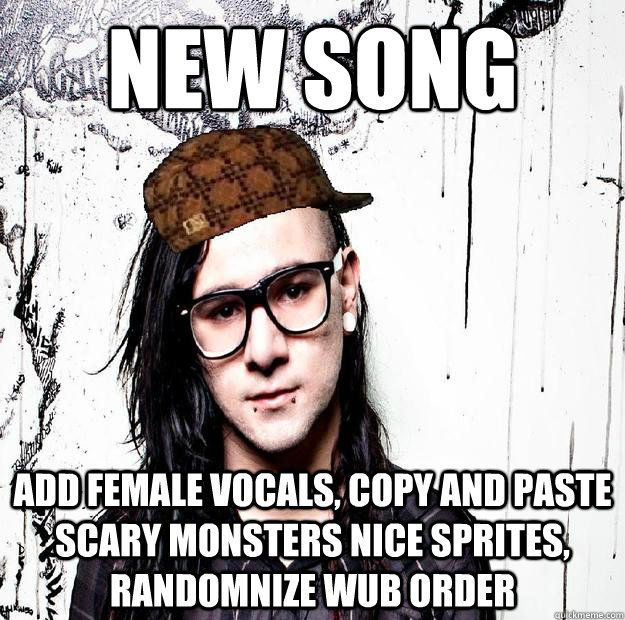 new song add female vocals, copy and paste scary monsters nice sprites, randomnize wub order  