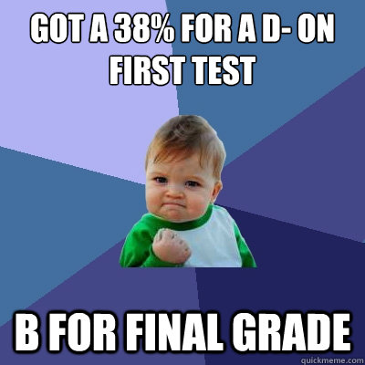 Got a 38% for a d- on first test b for final grade  Success Kid