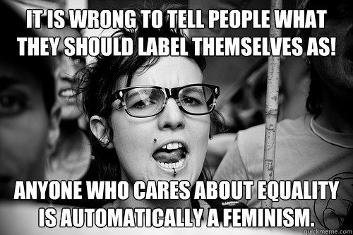 It is wrong to tell people what they should label themselves as! Anyone who cares about equality is automatically a Feminism.   Hypocrite Feminist